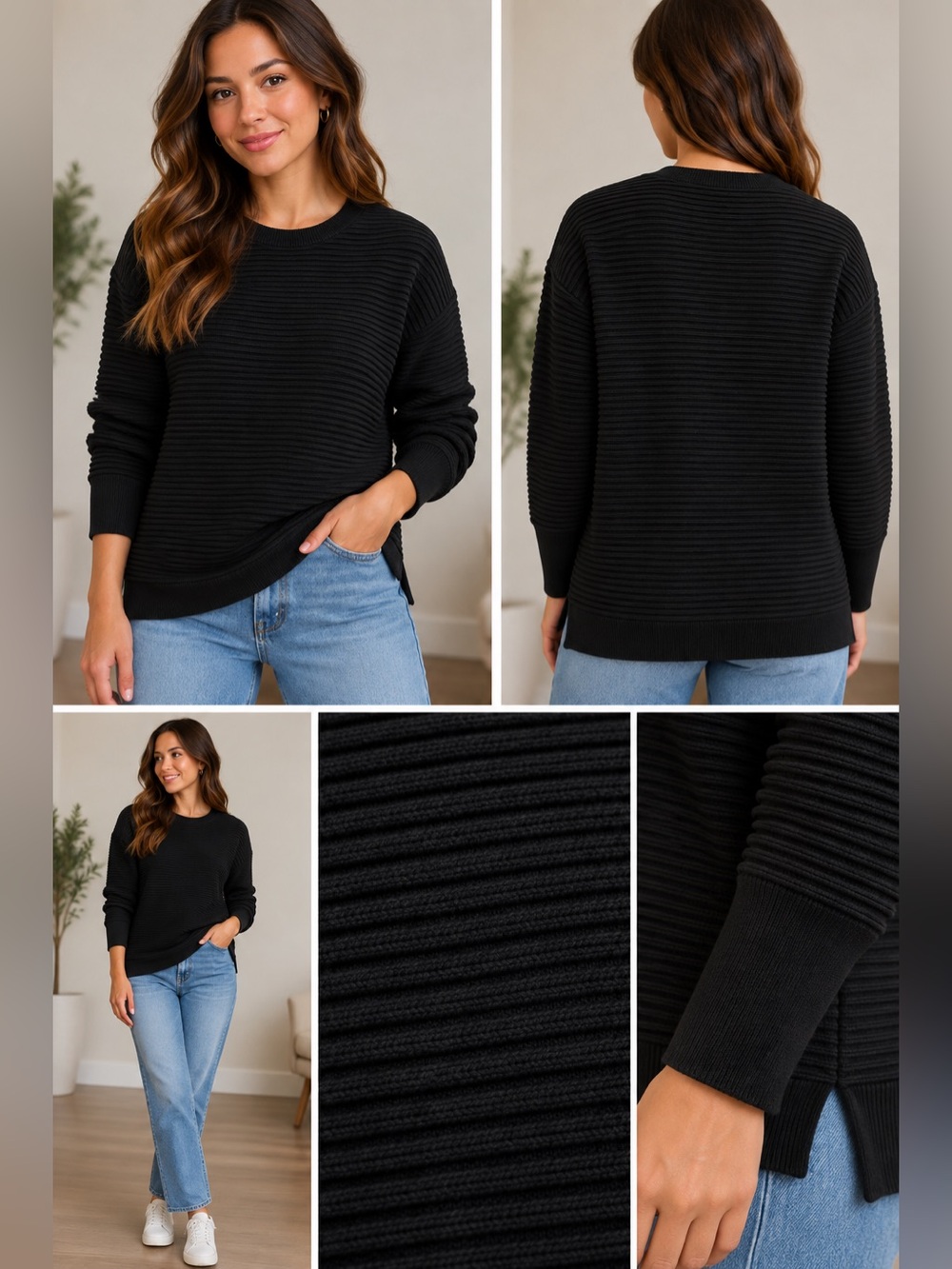 Zeagoo Black Ribbed Knit Sweater – Size M – Textured Long Sleeve Pullover